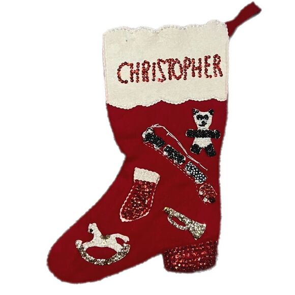 Vintage Christmas Stocking with the name Christopher Felt and Sequins. Handmade - Picture 1 of 8